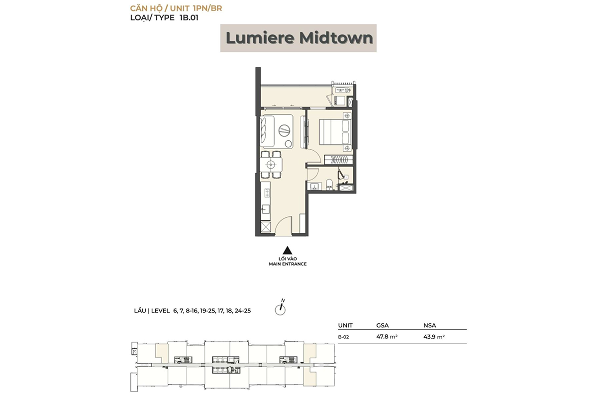 Layout căn hộ 1 phòng ngủ Lumière Midtown thiết kế nhỏ gọn ~48m²