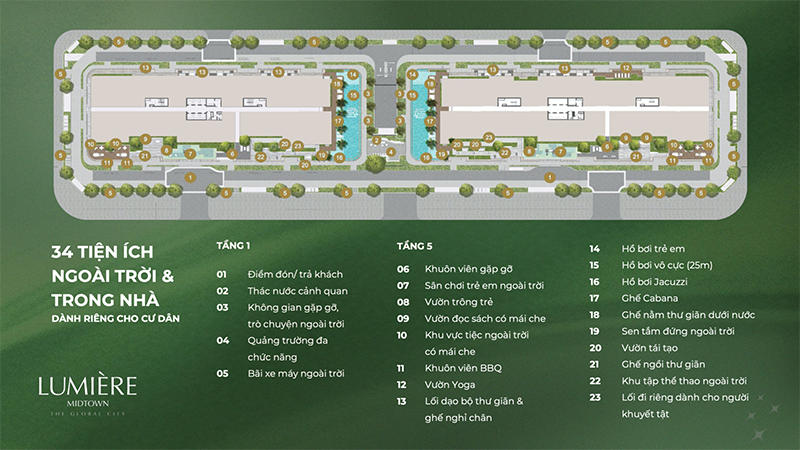 Thông tin Mặt Bằng Lumiere Midtown tiện ích ngoài trời và trong nhà